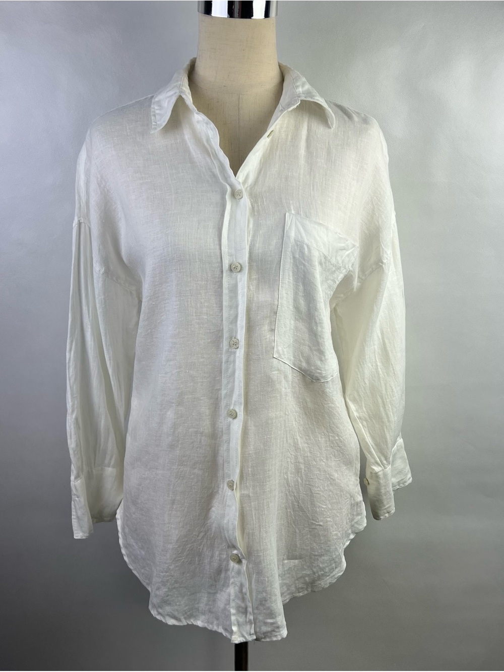 ZARA Women Long Sleeve 100% Linen White Bottom-Up Shirt Size XS